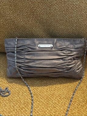 Michael Kors Metallic Taupe Ruched Leather Chain Clutch